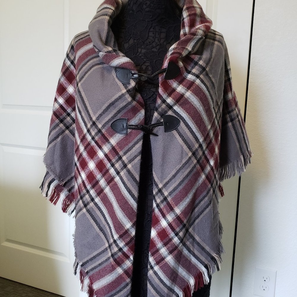Mark & Hall Grey and Burgundy Plaid Flannel Poncho